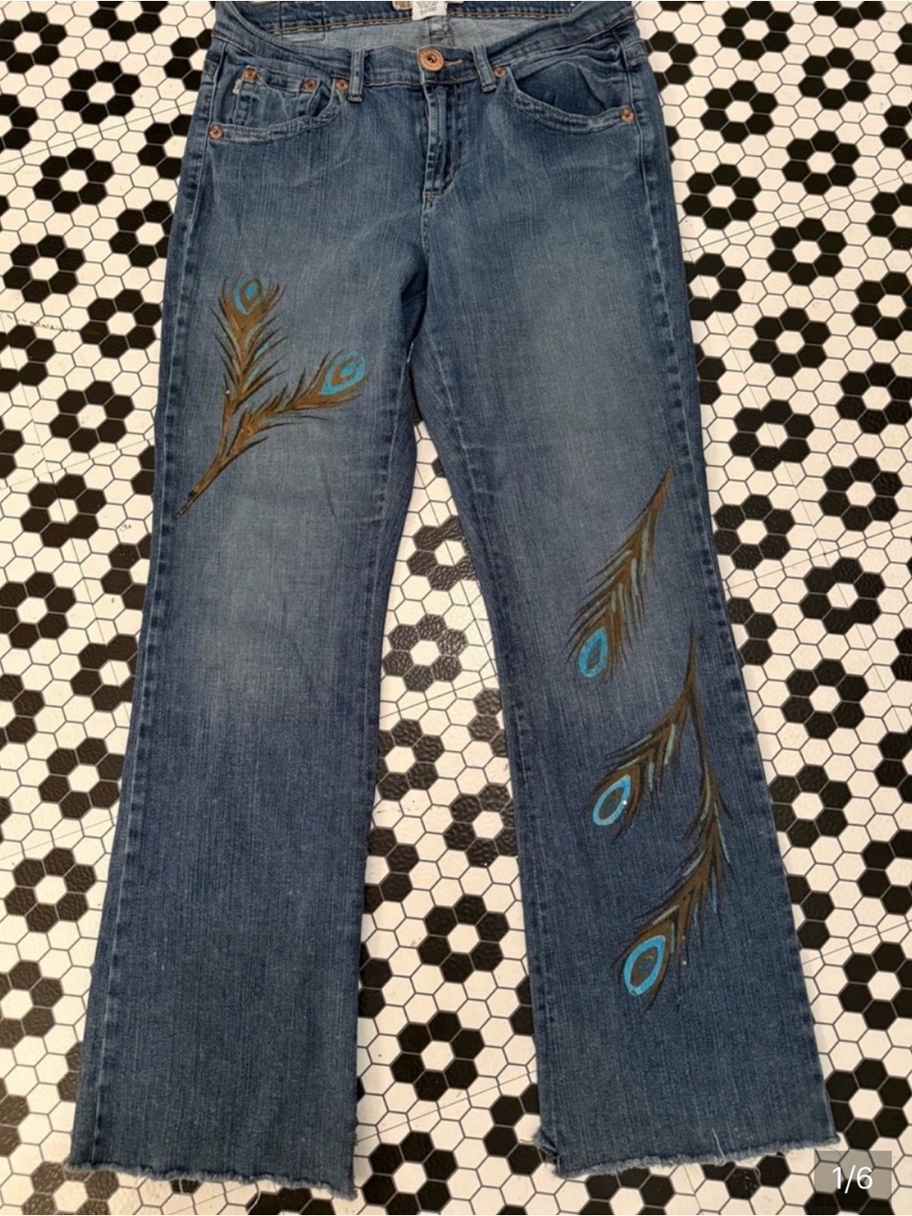 Vintage Z Cavaricci Blue Denim Flare Jeans with Peacock Feather Motif Raw Hem